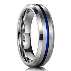 Womens Tungsten Wedding Band 6mm. Silver & Blue Tone Matte Finish Tungsten Ring